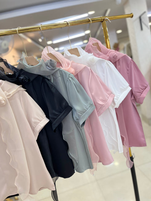Satin Short Sleeves Tops With Scarf